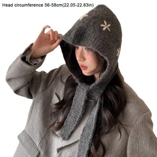 Mũ Balaclava dệt kim từ polyester, thiết kế hoạ tiết thêu ngọt ngào, chống gió và cổ áo cao giữ ấm.