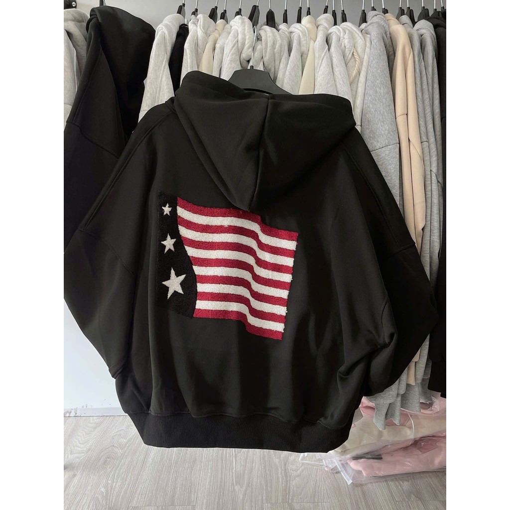 Áo khoác nỉ hoodie unisex rộng form, nhiều màu sắc nam nữ, tay phồng, thiết kế lá cờ Mỹ thoitrangthubio