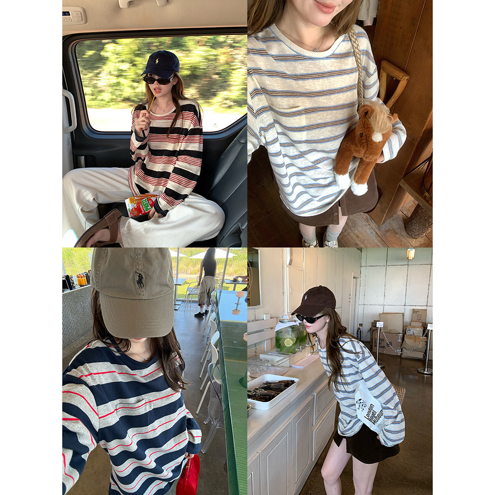 Kii Wii Áo thun dài tay cổ tròn sọc, đa năng và phù hợp cho mùa thu 250905
