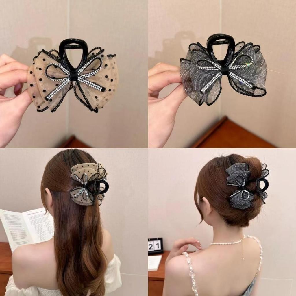 Kẹp tóc chấm bi đính đá Cặp tóc hình nơ càng cua tiểu thư Hàn quốc thanh lịch