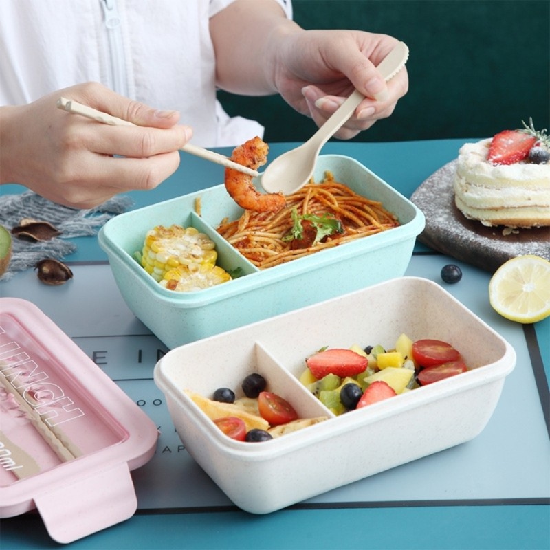 DY Phong Cách Nhật Bản Rơm Lúa Mì Bentos Hộp 2 Ngăn Lò Vi Sóng An Toàn Hộp Đựng Cơm Trưa Có Dụng Cụ Giá Đỡ Cho Văn Phòng Gy