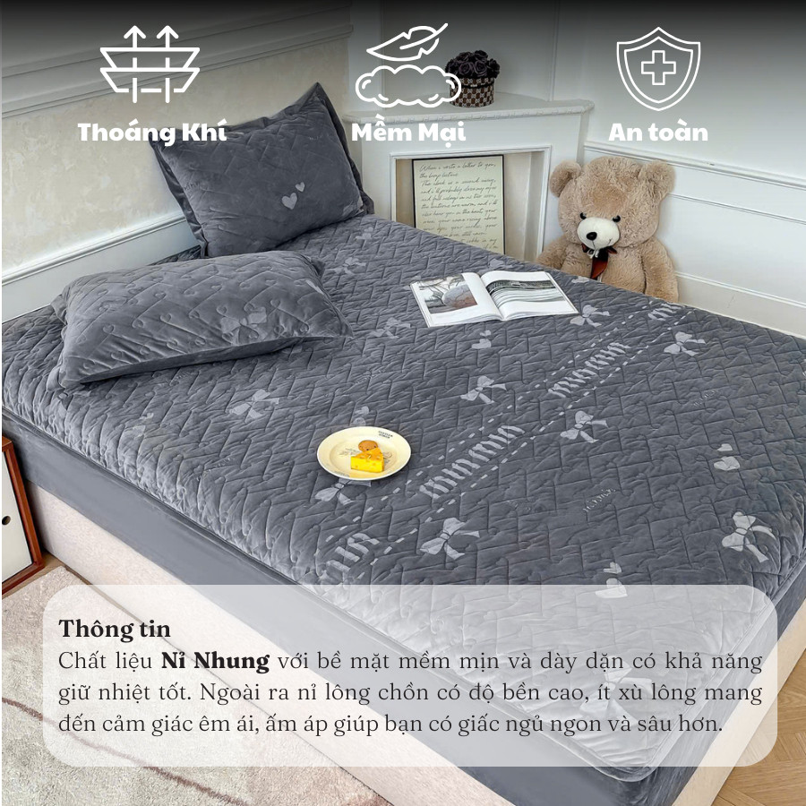 Bộ ga gối nỉ nhung lì MemMinBedding Luxury ga bọc chun trần thiết kế tinh tế, ấm áp, mềm mại - GG171