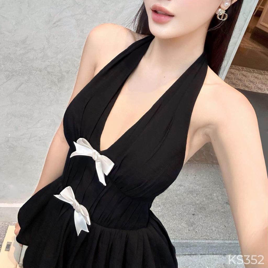 Set áo cổ yếm peplum nơ trắng KHIẾT phối jean suông trắng thanh lịch KS352