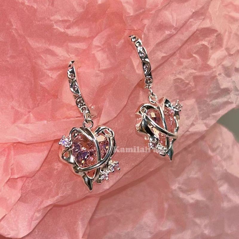 Bông tai Zircon hình trái tim hồng mới
