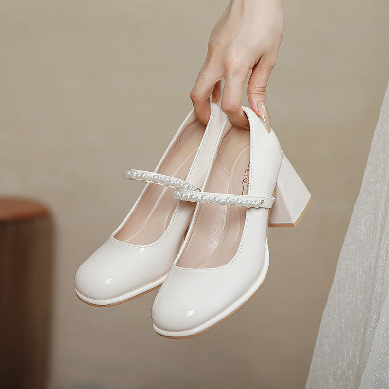 ((Size 34-45) Giày Mary Jane Pháp Size Nhỏ 34 Giày Đơn Nữ Gót Dày Ngọc Trai Kích Thước Lớn Béo Chân Rộng Giày Cao Gót Extra Fat Rộng Rộng Giày Nữ 45