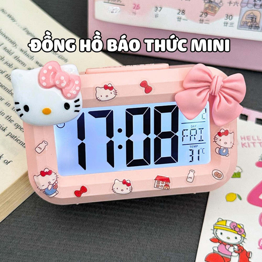 Đồng Hồ Báo Thức Điện Tử Hello Kitty Để Bàn DINO, Đồng Hồ Mini Để Bàn Màn Hình LED Hiển Thị Rõ Ràng