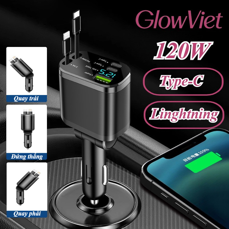 Tẩu Sạc Ô Tô 120W Đa Năng - 4 Cổng Sạc Cùng Lúc, Đèn LED Báo Hiệu, Sạc Nhanh An Toàn
