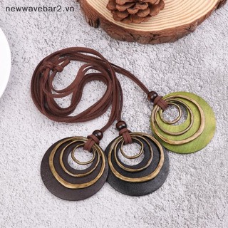 Dây chuyền hình học mặt vòng tròn gỗ, kèm da và xích nhiều lớp - Trang sức vintage thời thượng