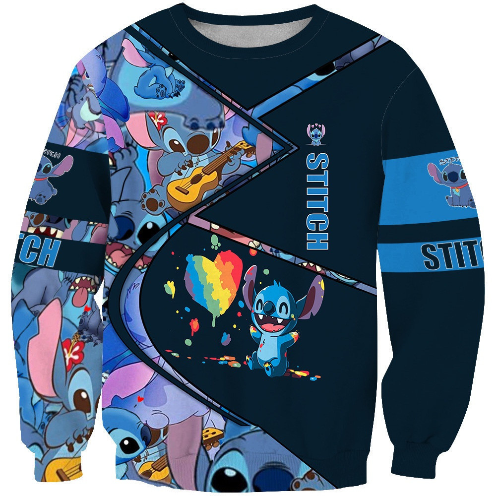 Nam áo chui đầu hình Stitch 3D dài tay, phù hợp hoạt động giải trí ngoài trời