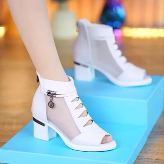 Phụ Nữ Miệng Cá Cắt Giày Da PU Cao Gót Giày Bốt Ngắn Cho Đảng Trang Phục Vải Phù Hợp