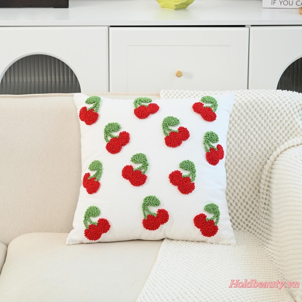 Vỏ đệm dễ thương Vỏ gối ngày lễ thêu hoa anh đào màu đỏ và xanh lá cây cho ghế Sofa