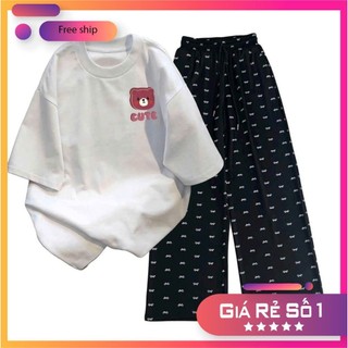 Bộ sét quần rộng hoạ tiết nơ  cạp chun+và áo phông gấu hồng chữ CUTE trẻ trung, sành điệu unisex-THUBA