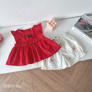Set Bộ Áo Đỏ Đính Cherry Sát Nách Cho Bé Gái Chất Thô Lụa 8-26kg