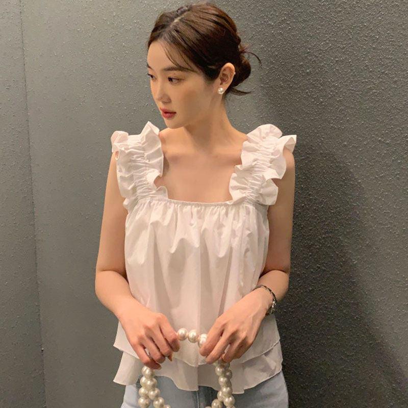 [Hàng mới về] Hàn Quốc sang trọng Mùa hè Niche Cổ vuông phù hợp Thiết kế không đều dáng rộng Áo yếm ngắn dành cho nữ
