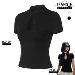 IFASIN Rỗng Ra Áo Thun, Phong Cách Trung Hoa Đứng Cổ Quan Thoại Cổ Áo, Vintage Rỗng Thiết Kế Móc Khóa Cutout Chiều Dài Ngắn Crop Áo Cho Nữ