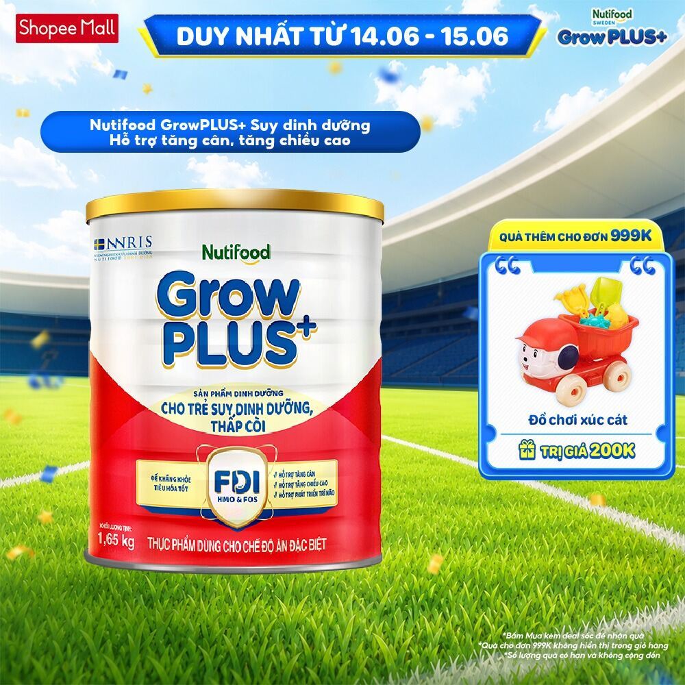 Sữa bột Nutifood GrowPLUS+ Suy Dinh Dưỡng (Đỏ) 1+ - Tăng Cân, Tăng Chiều Cao (Lon 1,65 Kg)