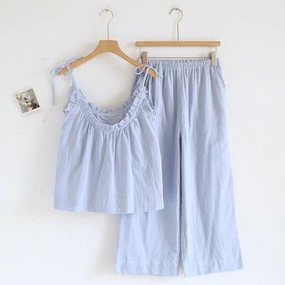 [Pre-Order]_0001 -Bộ đồ ngủ phong cách Hàn Quốc, kiểu ins, có đệm ngực, gồm áo hai dây và quần dài, đơn giản và rộng rãi
