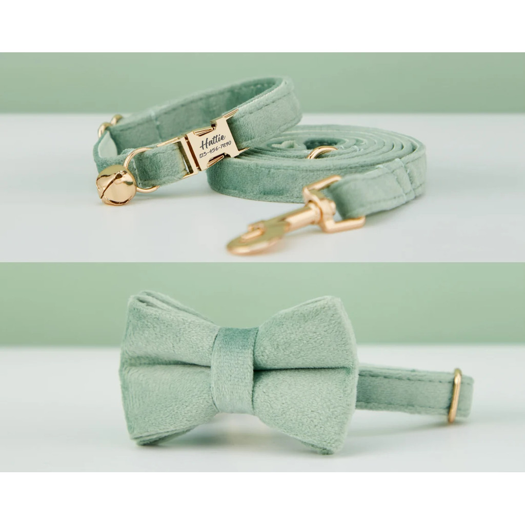 Bộ dây buộc nơ cổ mèo được cá nhân hóa, Vòng cổ mèo nhung Sagegreen, Vòng cổ mèo tùy chỉnh có khắc tên, Thẻ tên thú cưng khắc
