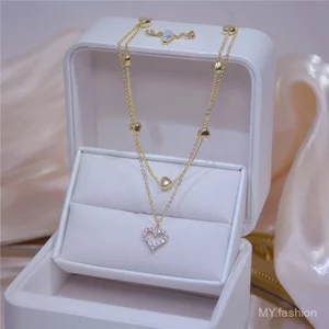 Chuỗi đôi trái tim, Chuỗi xương đòn Zircon kim cương nhấp nháy vàng, Phụ kiện thời trang Hàn Quốc Nhật Bản