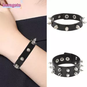 Vòng tay đính đá BORAGETE, Vòng đeo tay màu đen có thể điều chỉnh Punk, Vòng đeo tay bằng da Pu Gothic Rock Cuff