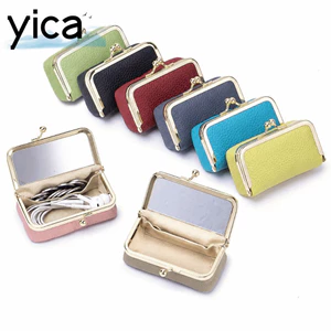 Túi đựng tiền Mini YICA, có gương trang điểm Túi son môi màu trơn, Túi trang điểm bằng da chống văng Kiss Clasp dành cho nữ