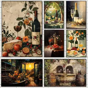 Retro Rượu Vang Đỏ Thùng Thực Phẩm Và Đồ Uống Áp Phích Không Khung Tranh Canvas Cho Nhà Bếp Trang Trí Ăn