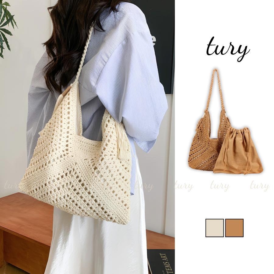 Túi Cói Nữ - Tury - Túi Cói Form Mềm Đan Lưới Dệt Kim Kèm Túi Rút Dày Dặn Cá Tính - TC062