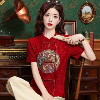 Mới Phong Cách Trung Hoa Retro Phong Cách Trung Hoa Khóa Thêu Decal Áo Thun Nữ 2026 Tính Khí Mỏng Hơn Nhìn Giảm Tuổi Đỏ Áo Sơ Mi Nhỏ