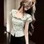 Thời trang Pháp Cổ búp bê sọc Top Nữ Mùa hè Phong cách mới Họa tiết tình yêu Xù Ôm hơn Nhìn ngắn tay t-