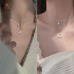 HNKMP Phong Cách Hàn Quốc Mặt Trăng Bướm Mặt Dây Chuyền Choker Nelace Hai Lớp Xương Đòn Dây Xích Dành Cho Nữ Cô Gái Phụ Kiện Trang Sức.