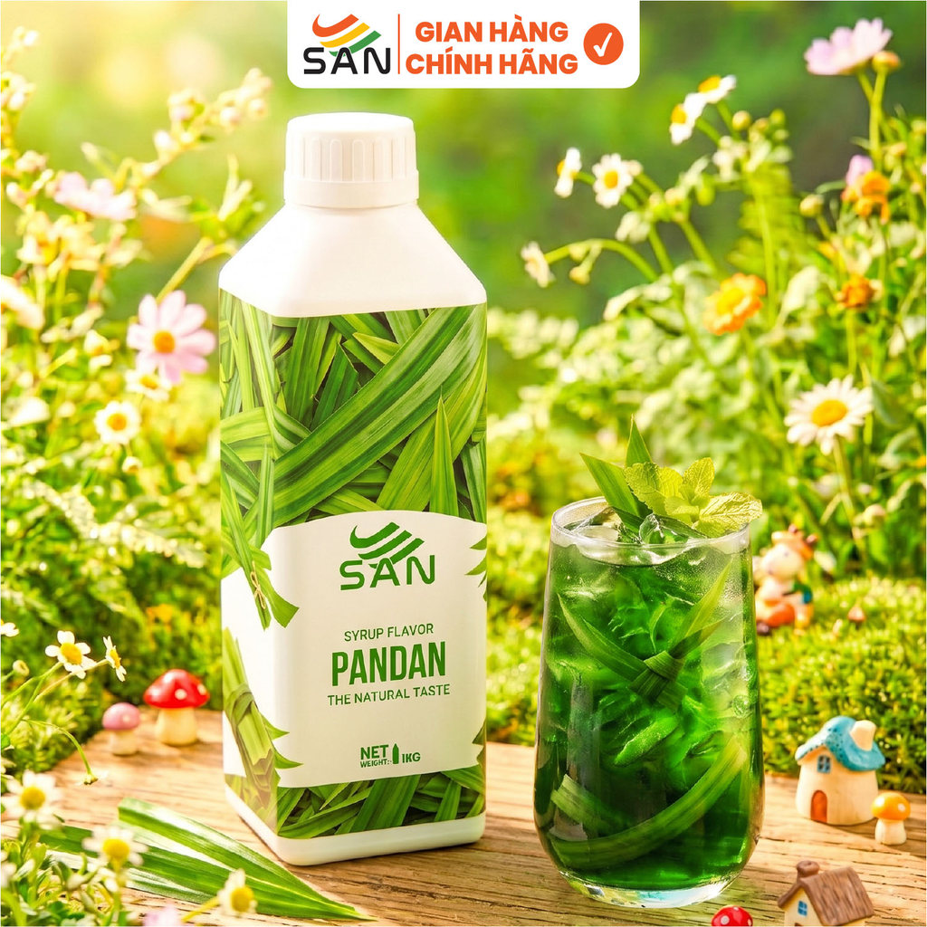 Syrup/siro lá dứa SAN Chai 1Kg, có mẫu thử, công thức, pha chế chuẩn quán, dễ sử dụng, đủ hương vị
