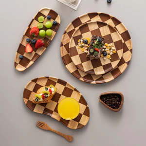 Khay Gỗ Chắc Chắn Với Họa Tiết Checkerboard Đĩa Phục Vụ Tròn Cho Bữa Sáng Bánh Mì Thực Phẩm Phương Tây Hạt Dưa Hạt Điều Trà Chiều Trái Cây Khô Khay