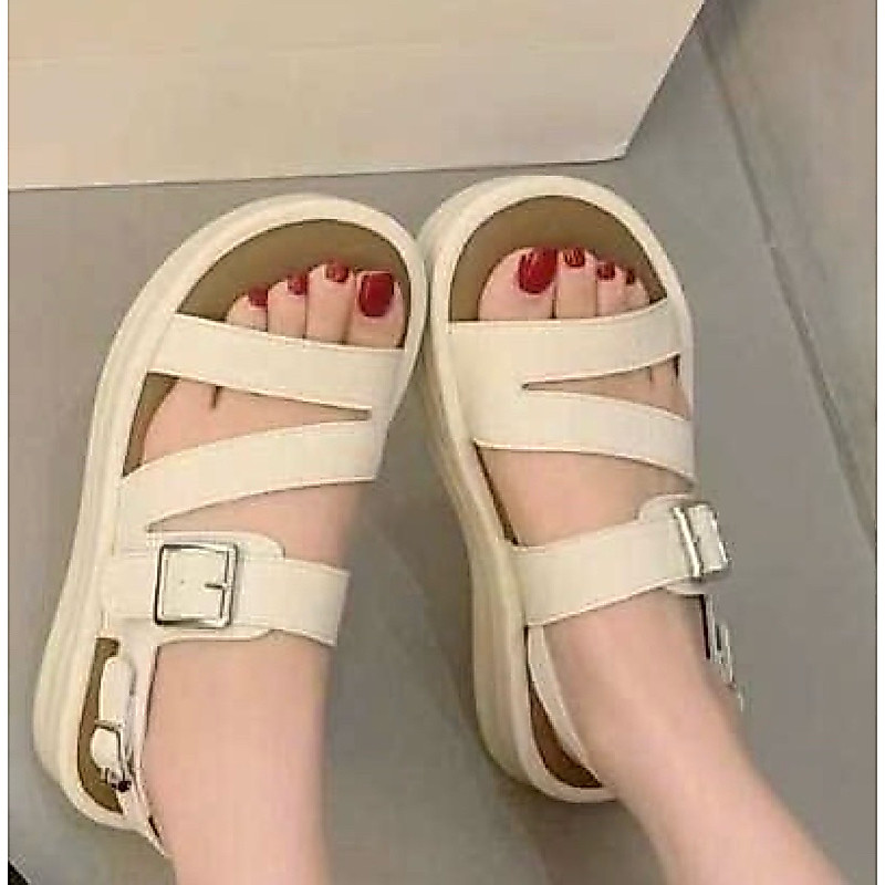 Sandal Nữ Đế Bánh Mì Quai Bản To Màu Kem – Dép Quai Ngang Thời Trang, Êm Chân, Tăng Chiều Cao