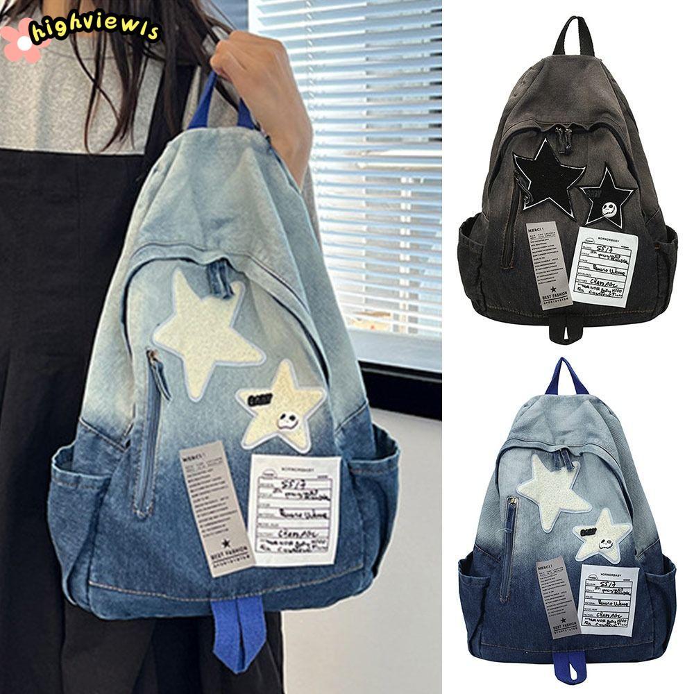 Ba lô đi học HIGHVIEWLS, Ba lô ngôi sao Denim họa tiết ngôi sao dung tích lớn, Túi đeo vai đôi Unisex Y2K thời trang phù hợp ngoài trời