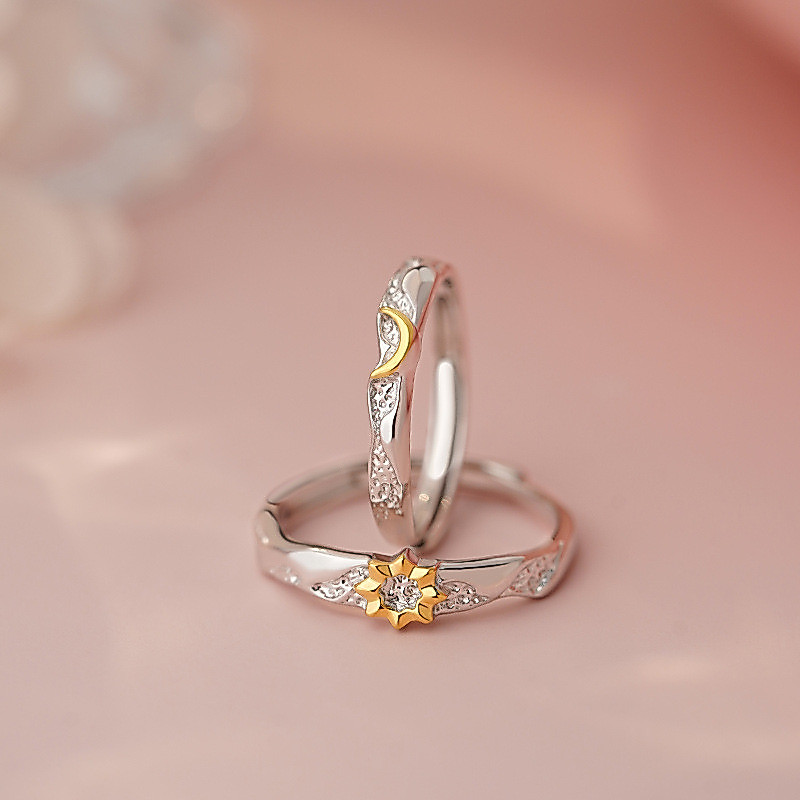 Nhẫn đôi mặt trời và mặt trăng bạc nguyên chất S999