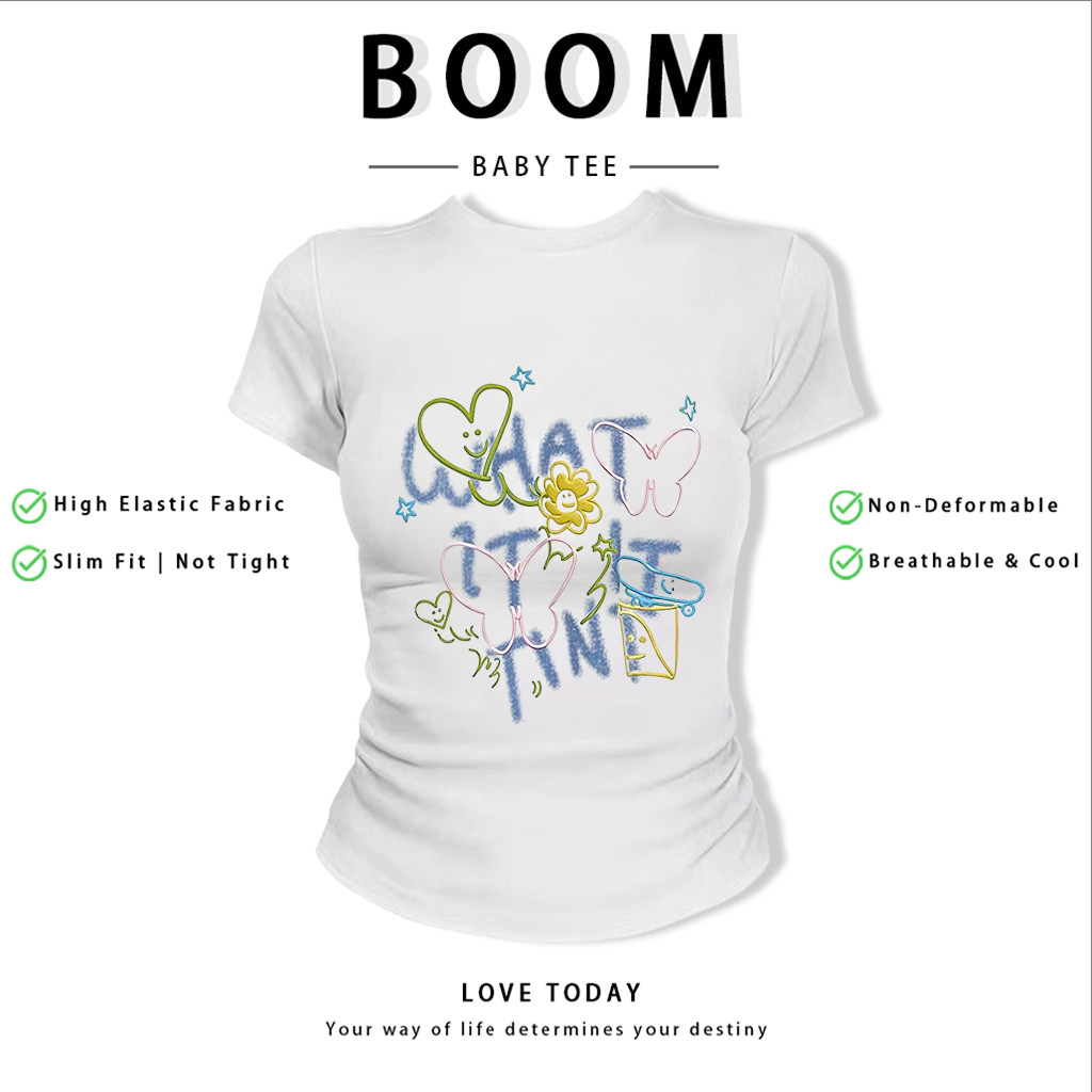 BOOM Áo Baby Tee Nữ Cotton Ôm Body-Áo Thun Ngắn Tay Y2K In Hình PhongCách Mùa Hè, Cổ Tròn Hàng Đầucách hàn quốc phong