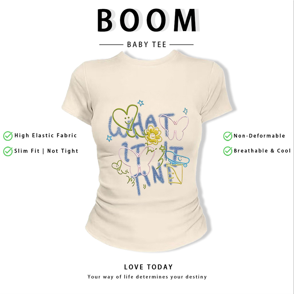 BOOM Áo Baby Tee Nữ Cotton Ôm Body-Áo Thun Ngắn Tay Y2K In Hình PhongCách Mùa Hè, Cổ Tròn Hàng Đầucách hàn quốc phong