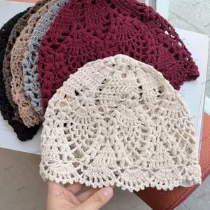 Mũ beanie móc PYCOU, Mũ beanie ren rỗng nhẹ, thời trang thoáng khí họa tiết hoa hoa nắp đầu lâu hoa mặc hàng ngày