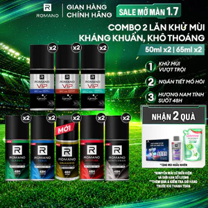 Combo 2 Lăn khử mùi Romano Khử mùi vượt trội, Hương nam tính suốt 48H 50ml / 65ml