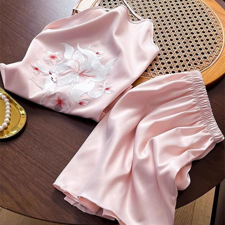 Size Lớn 100kg Bộ Đồ Ngủ Thêu Nữ Mỏng Camisole Quần Short Phù Hợp Với Loungewear Thêu Bellyband Nữ