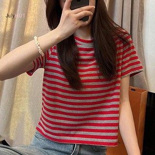 JULYHOT Áo Croptop Nữ Mùa Hè, Tay Ngắn Cổ Tròn Sọc Phản Quang Thời Trang
