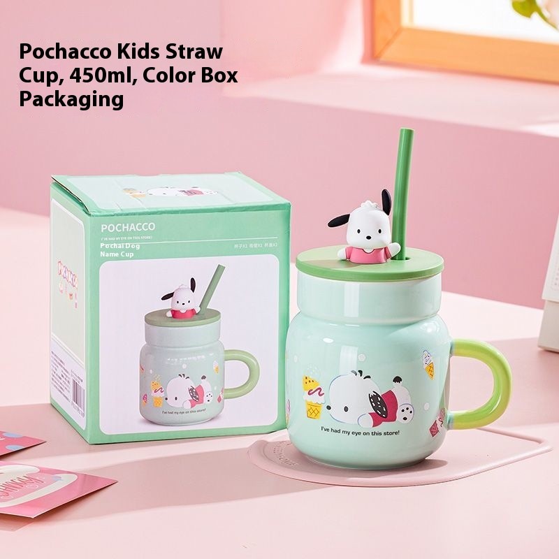Kawaii Sanrio POCHACCO Cốc Gốm Văn Phòng Cốc Nước Có Ống Hút Dễ Thương Cốc Uống Có Nắp Anime Hoạt Hình Cô Gái Quà Tặng Sinh Nhật