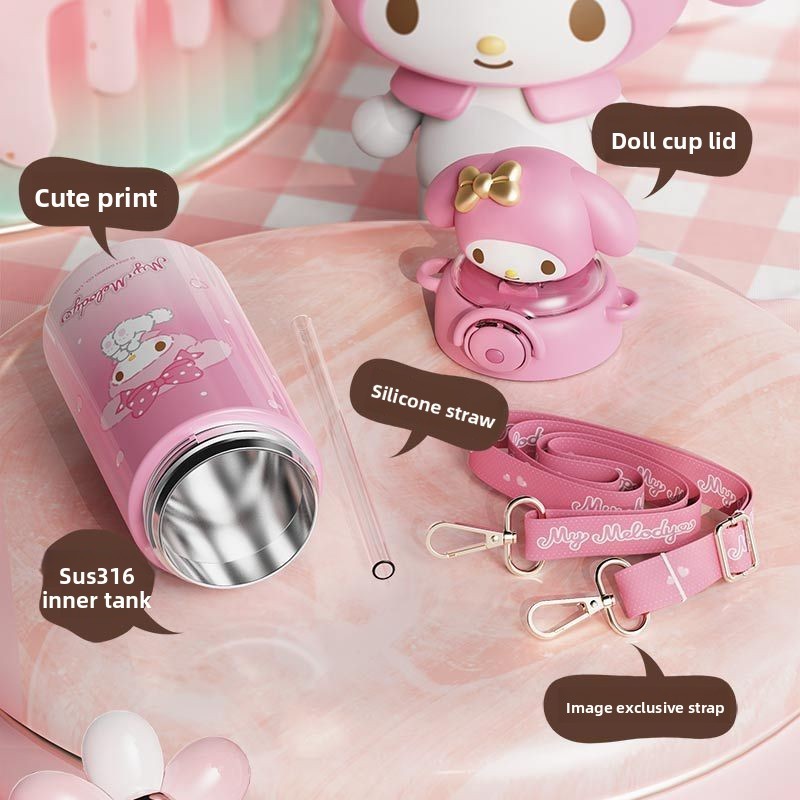 600ml Hoạt Hình Cách Nhiệt Chai Kuromi Pochacco Cinnamoroll Hello Kitty Di Động Ngoài Trời Nhựa Uống Trực Tiếp Có Ống Hút