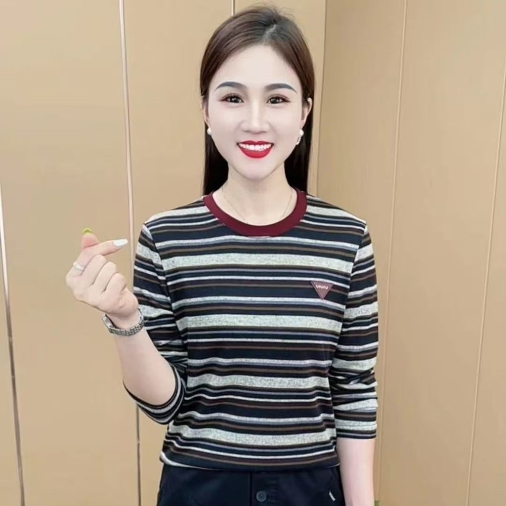 Áo nhung sọc cổ tròn dài tay cho mùa thu đông