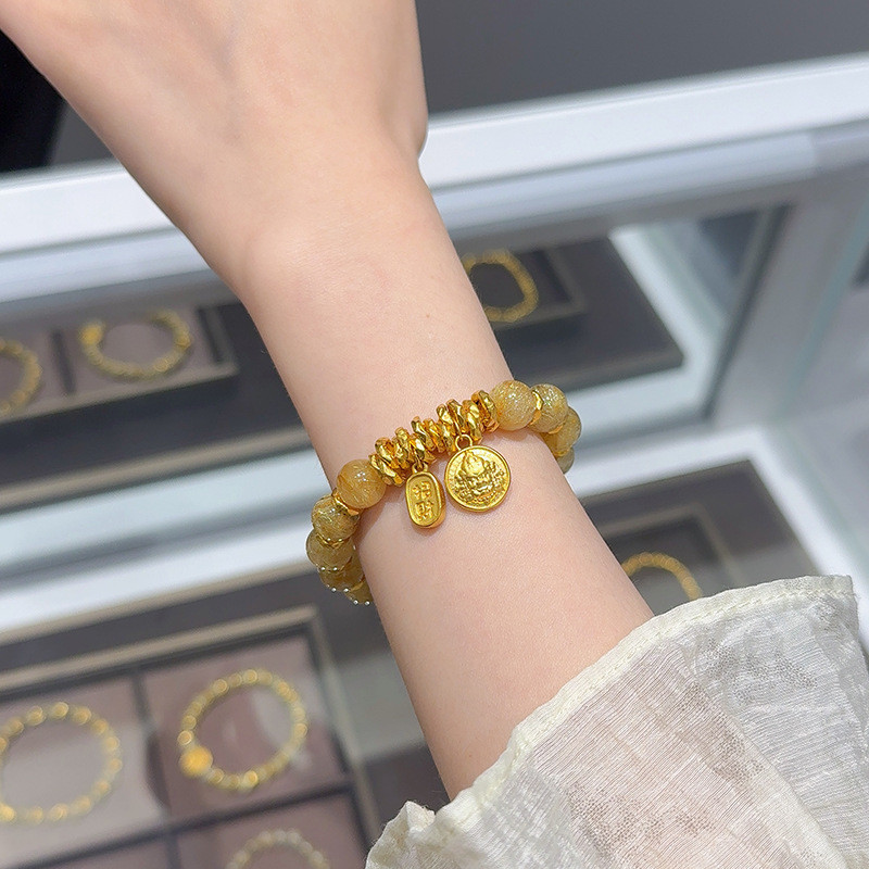 Fortune God Cuộn Giả Vàng Rutilated Vòng Tay Thạch Anh Mới Ins Thiết Kế Sự Giàu Có Thu Hút Vòng Tay Pha Lê May Mắn
