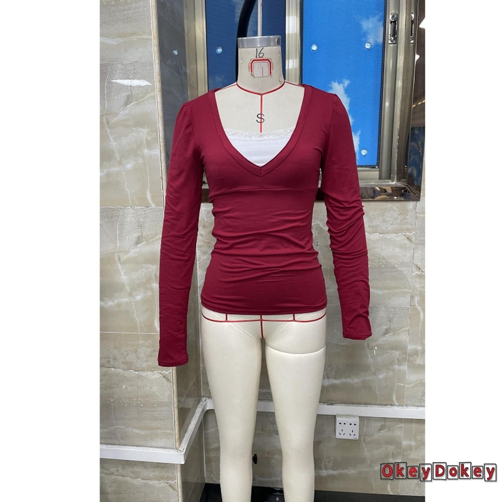 Áo thun nữ dài tay cổ chữ V phong cách cổ điển Y2K với chi tiết ren, phù hợp cho mùa thu