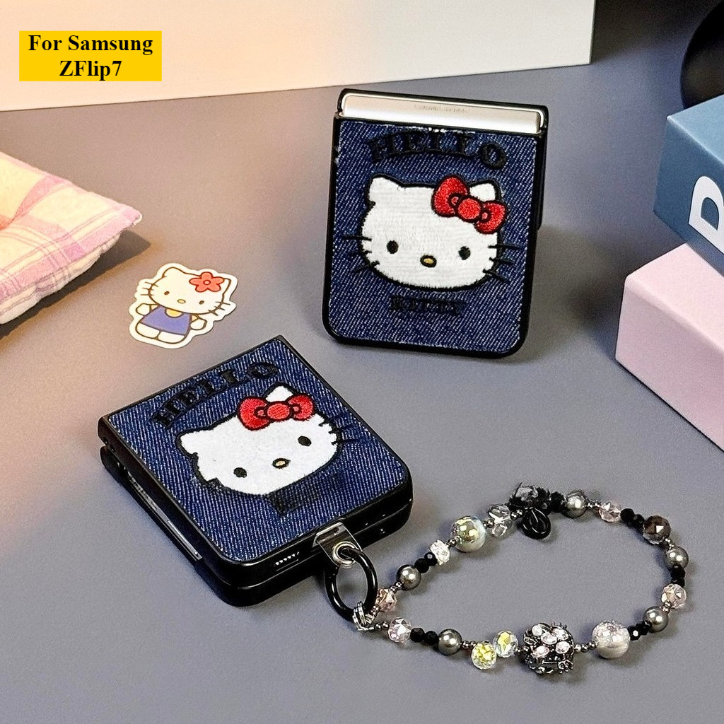Thích Hợp Cho Samsung Galaxy Z Flip7 Flip6 Blue Cowboy Thêu Vòng Tay Mèo Vỏ Điện Thoại Cho ZFlip 7 6 5 4 3 5G N3Flip MixFlip Dây Gấp Bảo Vệ Cứng