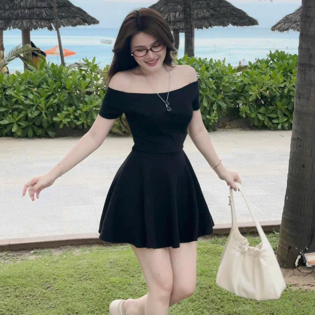 Đầm Nữ BABEE Kiểu Trễ Vai Dáng Ngắn Xòe Không Lót Khoét Lưng Gợi Cảm Sang Chảnh Trẻ Trung Năng Động
