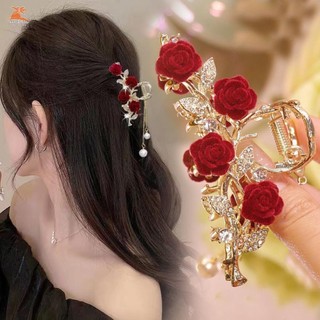 Kẹp tóc đỏ họa tiết hoa hồng, chất liệu kim loại, phù hợp trang trí tóc cá mập