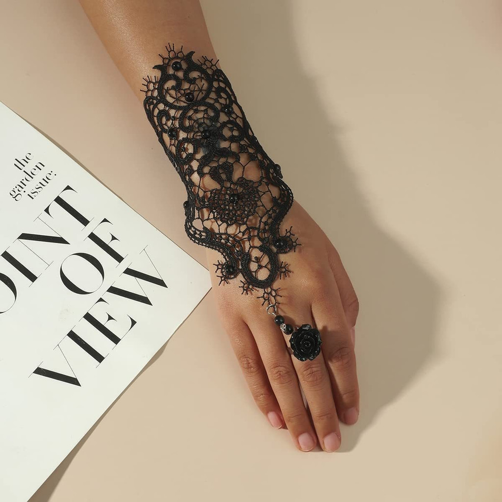 Găng tay buộc ngón lông vũ ren Gothic - Phù hợp cho tiệc cưới và Halloween